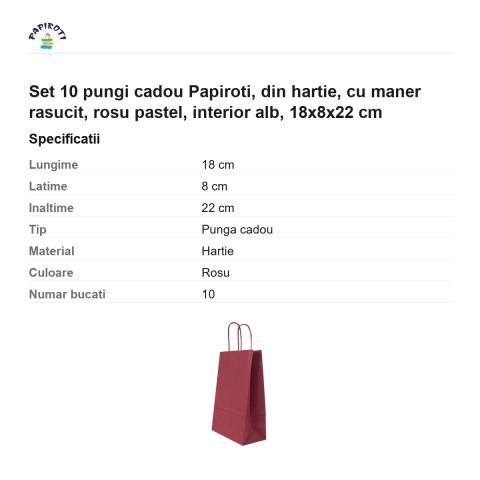 Set 10 pungi cadou Papiroti, din hartie, cu maner rasucit, rosu pastel, interior alb, 18x8x22 cm [2]