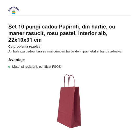 Set 10 pungi cadou Papiroti, din hartie, cu maner rasucit, rosu pastel, interior alb, 22x10x31 cm [1]