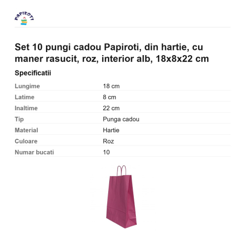 Set 10 pungi cadou Papiroti, din hartie, cu maner rasucit, roz, interior alb, 18x8x22 cm [2]