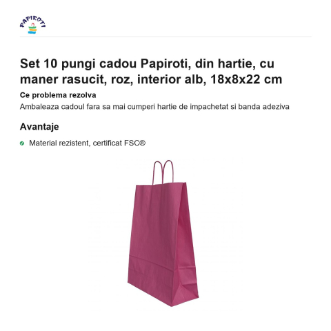 Set 10 pungi cadou Papiroti, din hartie, cu maner rasucit, roz, interior alb, 18x8x22 cm [1]