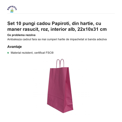 Set 10 pungi cadou Papiroti, din hartie, cu maner rasucit, roz, interior alb, 22x10x31 cm [1]