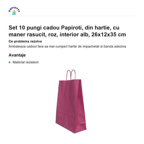 Set 10 pungi cadou Papiroti, din hartie, cu maner rasucit, roz, interior alb, 26x12x35 cm [1]