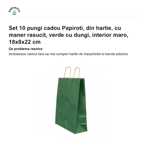 Set 10 pungi cadou Papiroti, din hartie, cu maner rasucit, verde cu dungi, interior maro, 18x8x22 cm [1]