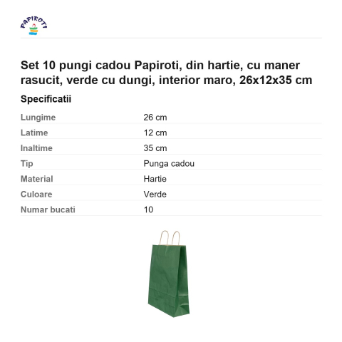 Set 10 pungi cadou Papiroti, din hartie, cu maner rasucit, verde cu dungi, interior maro, 26x12x35 cm [2]