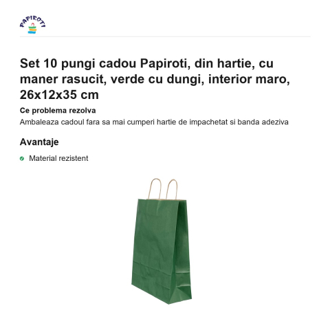 Set 10 pungi cadou Papiroti, din hartie, cu maner rasucit, verde cu dungi, interior maro, 26x12x35 cm [1]