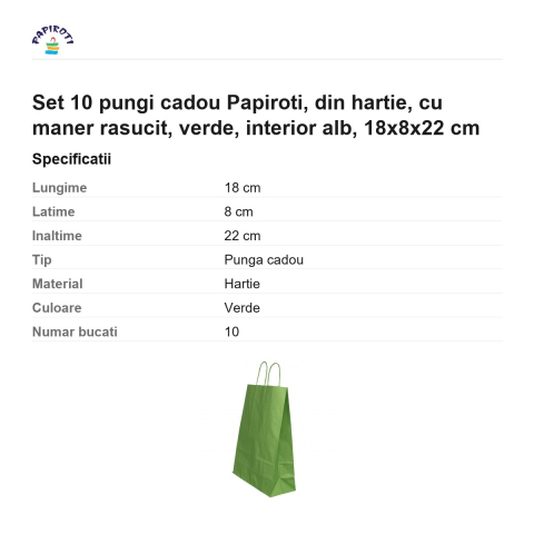 Set 10 pungi cadou Papiroti, din hartie, cu maner rasucit, verde, interior alb, 18x8x22 cm [2]