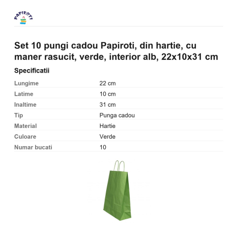 Set 10 pungi cadou Papiroti, din hartie, cu maner rasucit, verde, interior alb, 22x10x31 cm [2]