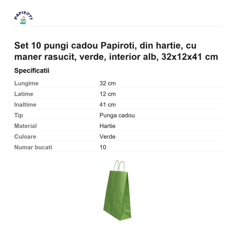 Set 10 pungi cadou Papiroti, din hartie, cu maner rasucit, verde, interior alb, 32x12x41 cm [2]