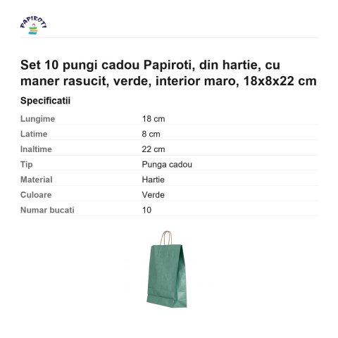 Set 10 pungi cadou Papiroti, din hartie, cu maner rasucit, verde, interior maro, 18x8x22 cm [2]