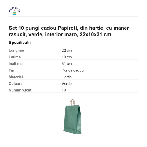 Set 10 pungi cadou Papiroti, din hartie, cu maner rasucit, verde, interior maro, 22x10x31 cm [2]