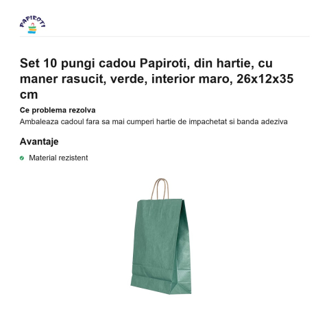 Set 10 pungi cadou Papiroti, din hartie, cu maner rasucit, verde, interior maro, 26x12x35 cm [1]