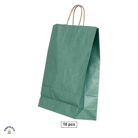 Ambalaje cadouri - Set 10 pungi cadou Papiroti, din hartie, cu maner rasucit, verde, interior maro, 26x12x35 cm