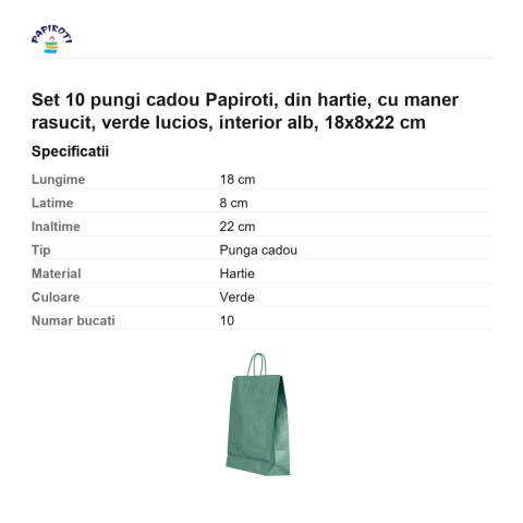 Set 10 pungi cadou Papiroti, din hartie, cu maner rasucit, verde lucios, interior alb, 18x8x22 cm [2]
