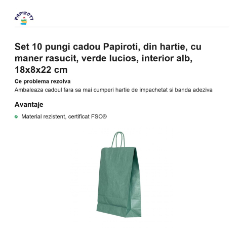 Set 10 pungi cadou Papiroti, din hartie, cu maner rasucit, verde lucios, interior alb, 18x8x22 cm [1]
