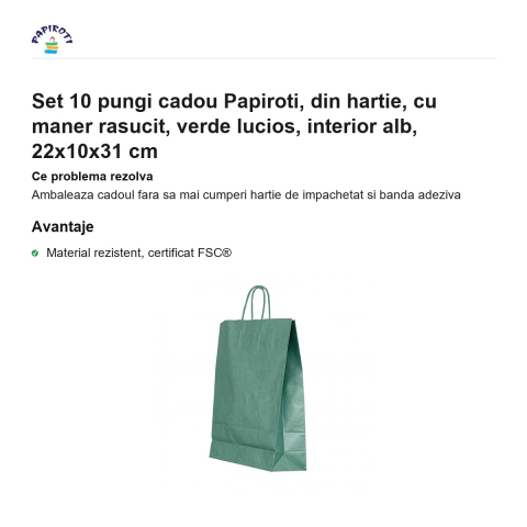 Set 10 pungi cadou Papiroti, din hartie, cu maner rasucit, verde lucios, interior alb, 22x10x31 cm [1]