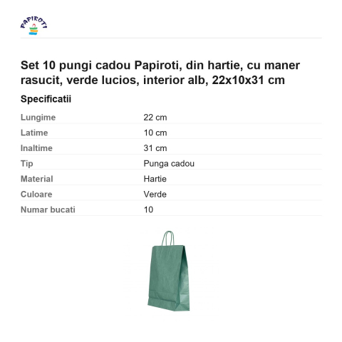 Set 10 pungi cadou Papiroti, din hartie, cu maner rasucit, verde lucios, interior alb, 22x10x31 cm [2]