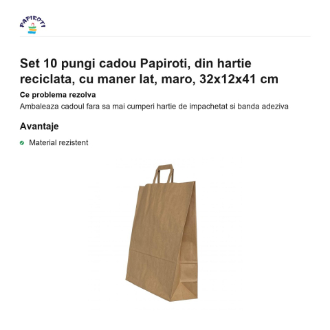 Set 10 pungi cadou Papiroti, din hartie reciclata, cu maner lat, maro, 32x12x41 cm [1]