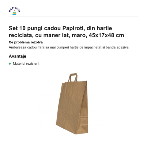 Set 10 pungi cadou Papiroti, din hartie reciclata, cu maner lat, maro, 45x17x48 cm [1]