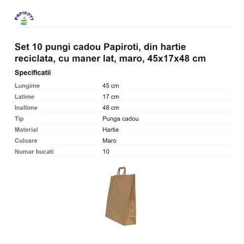 Set 10 pungi cadou Papiroti, din hartie reciclata, cu maner lat, maro, 45x17x48 cm [2]