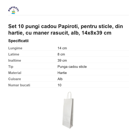 Set 10 pungi cadou Papiroti, pentru sticle, din hartie, cu maner rasucit, alb, 14x8x39 cm [2]