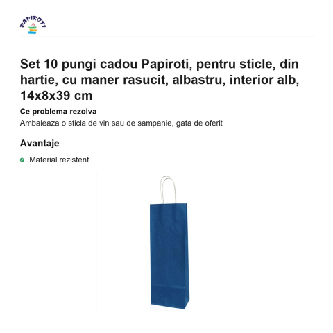 Set 10 pungi cadou Papiroti, pentru sticle, din hartie, cu maner rasucit, albastru, interior alb, 14x8x39 cm [1]