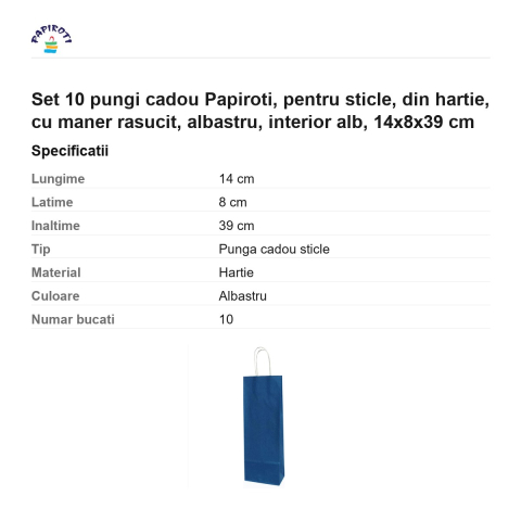 Set 10 pungi cadou Papiroti, pentru sticle, din hartie, cu maner rasucit, albastru, interior alb, 14x8x39 cm [2]