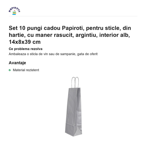 Set 10 pungi cadou Papiroti, pentru sticle, din hartie, cu maner rasucit, argintiu, interior alb, 14x8x39 cm [1]