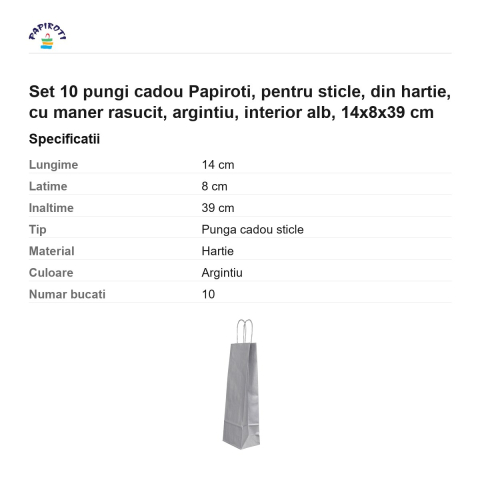 Set 10 pungi cadou Papiroti, pentru sticle, din hartie, cu maner rasucit, argintiu, interior alb, 14x8x39 cm [2]