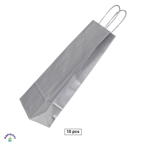 Ambalaje cadouri - Set 10 pungi cadou Papiroti, pentru sticle, din hartie, cu maner rasucit, argintiu, interior alb, 14x8x39 cm