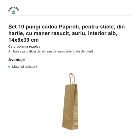 Set 10 pungi cadou Papiroti, pentru sticle, din hartie, cu maner rasucit, auriu, interior alb, 14x8x39 cm [1]