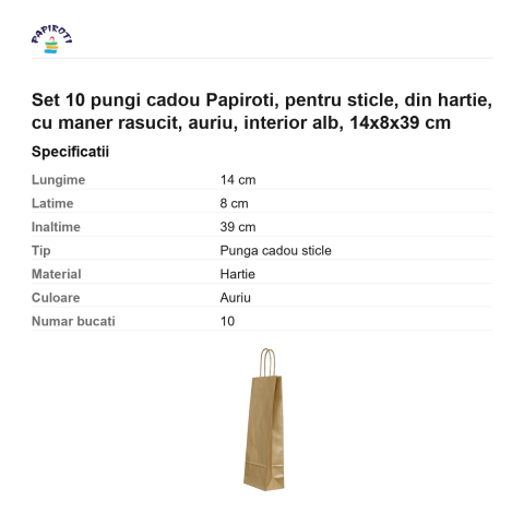 Set 10 pungi cadou Papiroti, pentru sticle, din hartie, cu maner rasucit, auriu, interior alb, 14x8x39 cm [2]