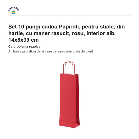Set 10 pungi cadou Papiroti, pentru sticle, din hartie, cu maner rasucit, rosu, interior alb, 14x8x39 cm [1]