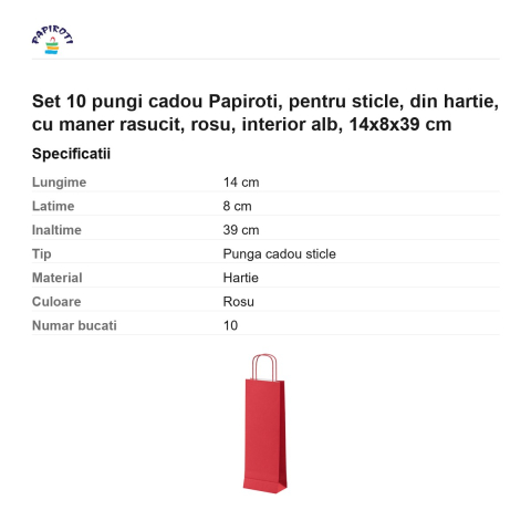 Set 10 pungi cadou Papiroti, pentru sticle, din hartie, cu maner rasucit, rosu, interior alb, 14x8x39 cm [2]