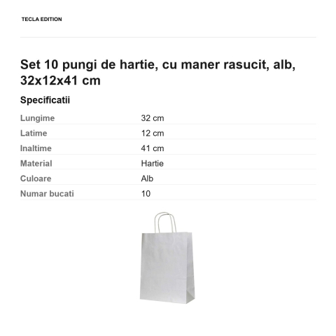 Set 10 pungi de hartie, cu maner rasucit, alb, 32x12x41 cm [2]