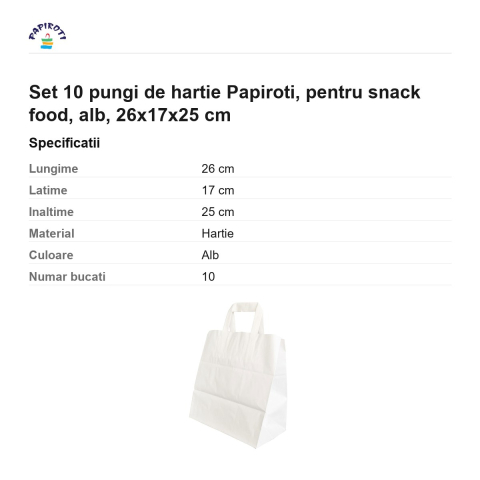 Set 10 pungi de hartie Papiroti, pentru snack food, alb, 26x17x25 cm [2]