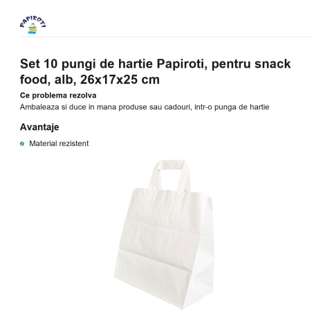 Set 10 pungi de hartie Papiroti, pentru snack food, alb, 26x17x25 cm [1]