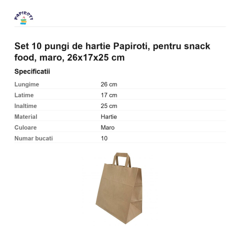 Set 10 pungi de hartie Papiroti, pentru snack food, maro, 26x17x25 cm [2]