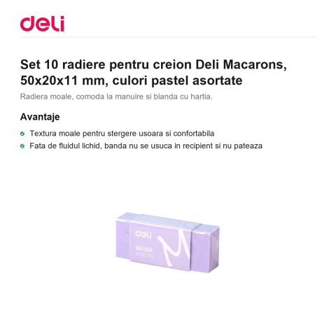Set 10 radiere pentru creion Deli Macarons, 50x20x11 mm, culori pastel asortate [1]