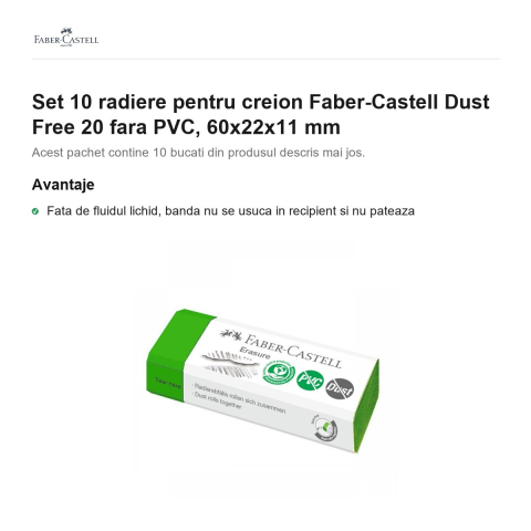Set 10 radiere pentru creion Faber-Castell Dust Free 20 fara PVC, 60x22x11 mm [1]