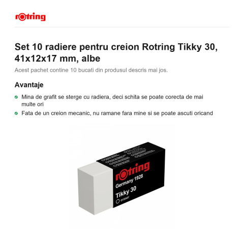 Set 10 radiere pentru creion Rotring Tikky 30, 41x12x17 mm, albe [1]