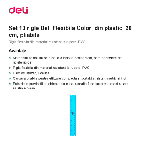 Set 10 rigle Deli Flexibila Color, din plastic, 20 cm, pliabile [1]