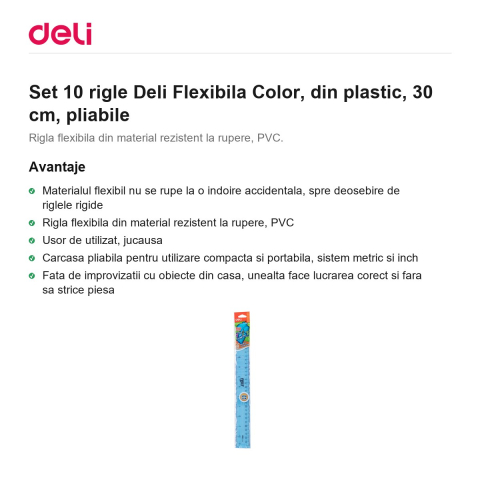 Set 10 rigle Deli Flexibila Color, din plastic, 30 cm, pliabile [1]
