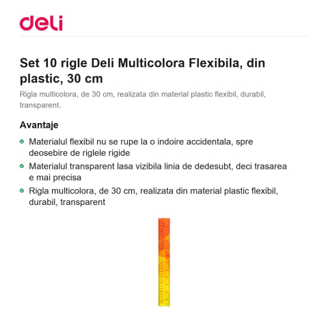 Set 10 rigle Deli Multicolora Flexibila, din plastic, 30 cm [1]