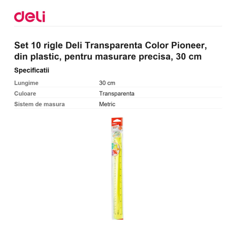 Set 10 rigle Deli Transparenta Color Pioneer, din plastic, pentru masurare precisa, 30 cm [2]