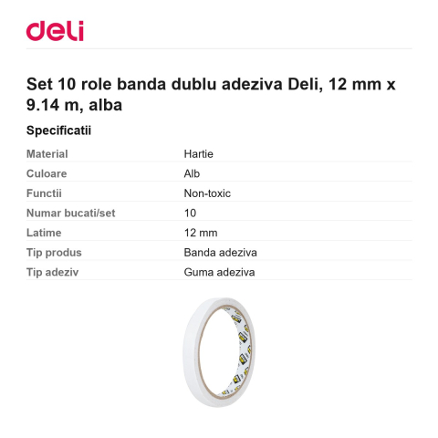 Set 10 role banda dublu adeziva Deli, 12 mm x 9.14 m, alba [2]