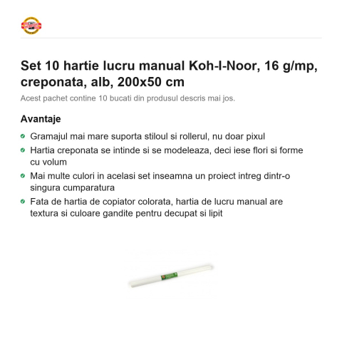 Set 10 role hartie creponata alba Koh-I-Noor, 200 x 50 cm, pentru decoratiuni si activitati craft [1]