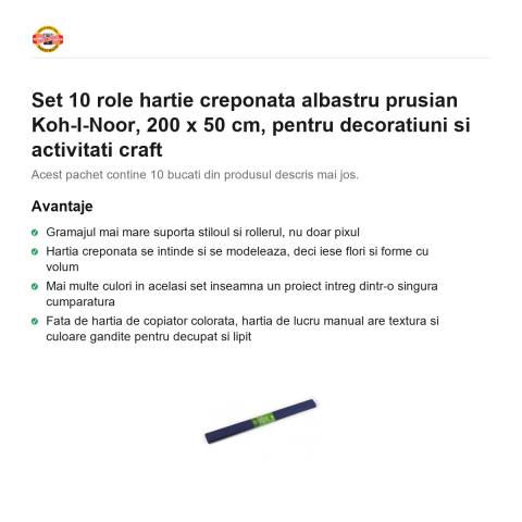 Set 10 role hartie creponata albastru prusian Koh-I-Noor, 200 x 50 cm, pentru decoratiuni si activitati craft [1]