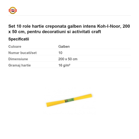 Set 10 role hartie creponata galben intens Koh-I-Noor, 200 x 50 cm, pentru decoratiuni si activitati craft [2]