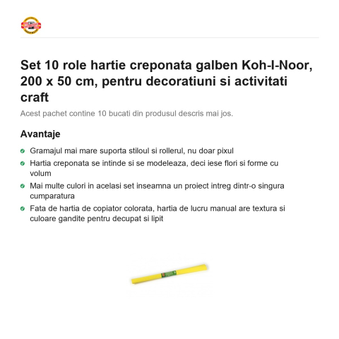 Set 10 role hartie creponata galben Koh-I-Noor, 200 x 50 cm, pentru decoratiuni si activitati craft [1]
