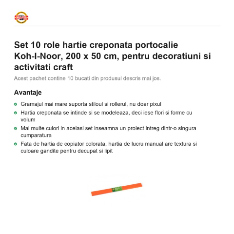 Set 10 role hartie creponata portocalie Koh-I-Noor, 200 x 50 cm, pentru decoratiuni si activitati craft [1]
